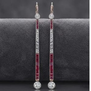 Art Deco Ruby Drop Earrings, 14K White Gold Long Bar Dangle Earrings, Antique Style Geometric Bridal Jewelry, Red Ruby Diamond Needle