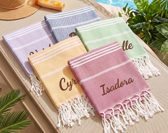 Custom Name Beach Towel with Tassels, Personalized Embroidered Turkish Towel, Quick Dry Sand Bath Towel, Bridesmaid Gift, Gift for Her