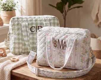 Custom Embroidered Name Quilted Floral Diaper Bag Mommy Bag, Large Capacity Multi Pocket Baby Travel Tote Bag ,Baby Shower Gift for New Mom