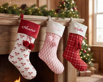 Personalized Embroidered Christmas Stocking, Custom Name Family Xmas Stocking,Bow Plaid Quilted Holiday Stocking,Custom Christmas Decor Gift