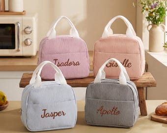 Bolsa de almuerzo aislante a rayas personalizada, bolsa de almuerzo de seersucker con nombre personalizado para niños y adultos, linda bolsa de almuerzo bordada de regalo