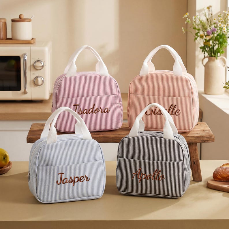 May include: Four personalized lunch bags in pink, peach, light blue, and gray with white handles. Each bag has vertical stripes and a name embroidered in a complementary color. The bags are on a wooden surface.