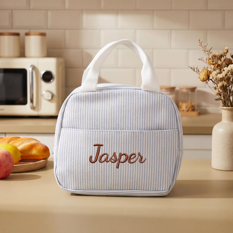 Personalized Striped Insulated Lunch Bag, Custom Name Seersucker Lunch Tote for Kids & Adults,Cute Embroidered Lunch Bag Gift sky bule