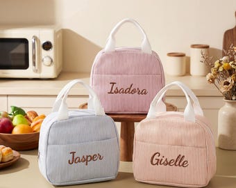 Custom Name  Seersucker Lunch Tote for Kids & Adults,Personalized Striped Insulated Lunch Bag, Cute Embroidered Lunch Bag Gift