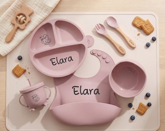 Kundenspezifisches Babypartygeschenk-Fütterungsset, personalisiertes Silikongeschirr für Kleinkinder, gravierter Name & Symbol-Baby-Weaning-Kit