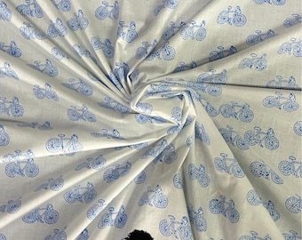 Tela de algodón con estampado de bicicleta azul: cortada a medida. Artesanía, decoración del hogar.