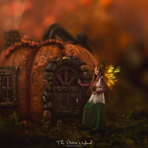 Puede incluir: Un hada con alas doradas se encuentra frente a una casa de calabaza con una puerta de madera. El hada lleva un ramo de flores y una falda verde y una blusa blanca. El fondo es borroso, naranja y marrón.