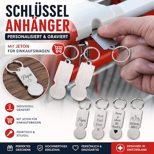 Op de afbeelding: Een set zilverkleurige metalen sleutelhangers, elk voorzien van een afneembare ronde winkelwagenmunt. De sleutelhangers zijn gegraveerd met diverse teksten, waaronder Papa, Best Dad Ever, Home is where the heart is en Adventure Awaits.