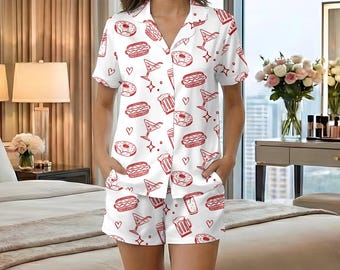 Lustiger Fast Food Pyjama für Frauen, Hotdog Donut Nachtwäsche Set, Süßer Cocktail Print Pyjamas, Foodie Loungewear, Geburtstagsgeschenk Sie, Sommer Kurzes Set