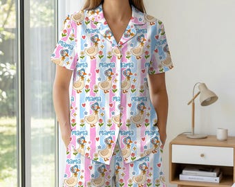 Pigiama Mamma Paperina per donna, grazioso set da notte per la maternità, pigiama a maniche corte a righe rosa e blu, regalo stravagante per la mamma, comodo abbigliamento da casa 2026