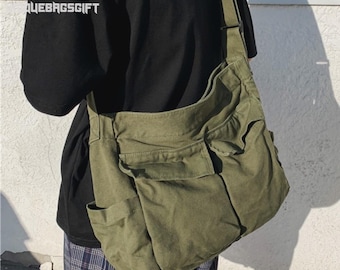 Borsa a tracolla grande in tela: borsa a spalla con molteplici tasche, stile vintage boho