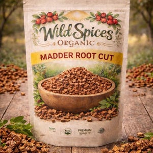 Könnte beinhalten: Eine Packung "Wild Spices Organic Madder Root Cut" wird auf einer Holzoberfläche gezeigt. Die Verpackung hat ein botanisches Design mit roten Beeren und grünen Blättern. Im Inneren befindet sich ein Haufen gehackter, rötlich-brauner Krappwurzel in einer Holzschale.