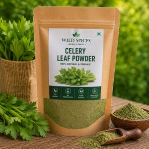 May include: A brown stand-up pouch of Wild Spices Celery Leaf Powder. The label features the text "Wild Spices Nature's Finest Celery Leaf Powder 100% Natural & Organic" with icons for organic, no preservatives, vegan friendly, and handpicked.