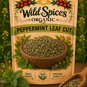 May include: A tan pouch of Wild Spices Organic Peppermint Leaf Cut featuring a brown bowl filled with dried green peppermint leaves. The packaging displays text including 100% Organic, Non GMO, and Premium Quality. A wooden scoop holds loose leaves.