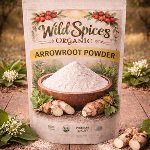 Puede incluir: Un paquete de Wild Spices Organic Arrowroot Powder. La bolsa presenta un diseño decorativo con bayas rojas y hojas verdes. Un cuenco de madera lleno de polvo blanco está frente a la bolsa, con raíces y hojas de arrurruz.