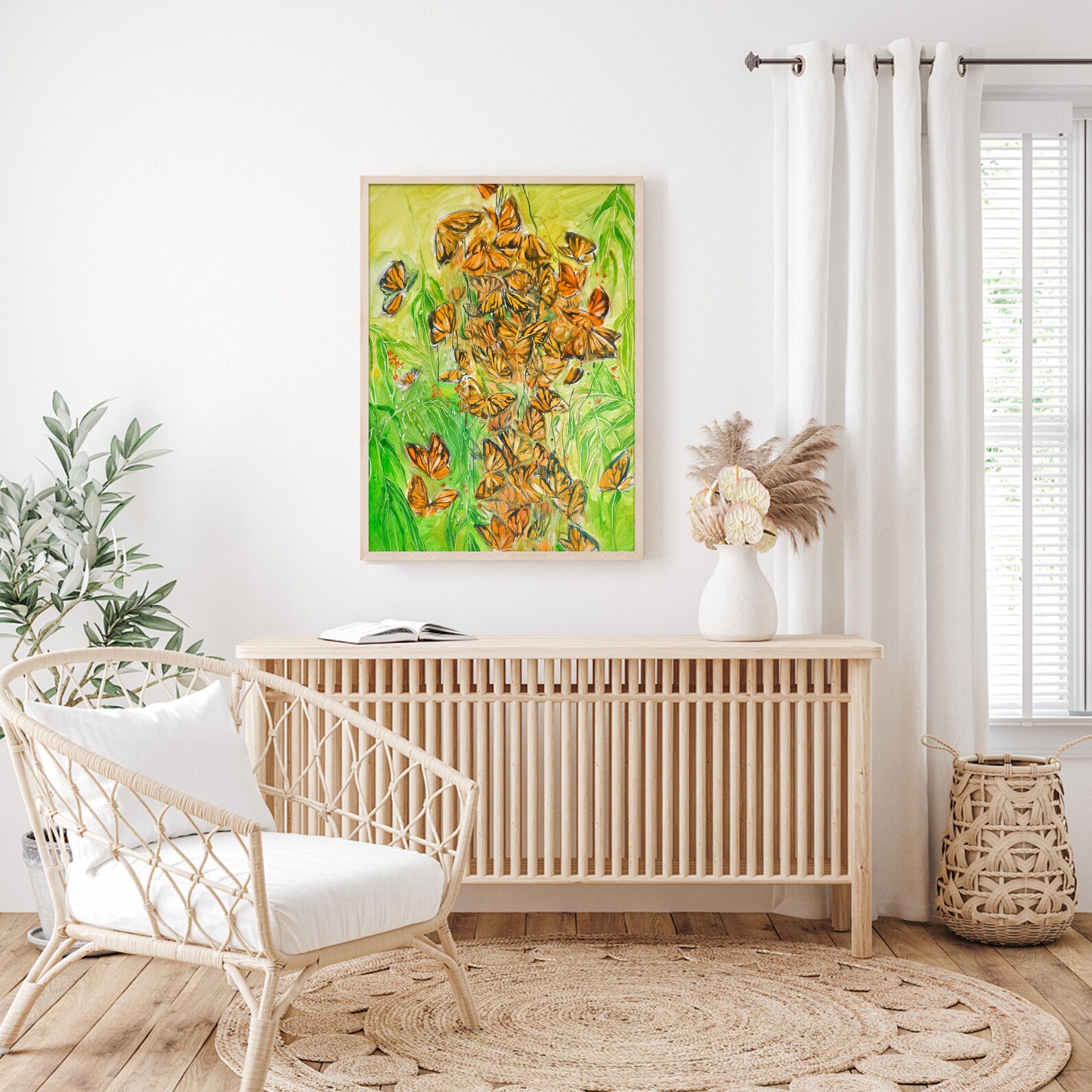 Insect Hand Sign Original Hand-painted Oil Painting, Orange Monarch Butterflies, Floral ...