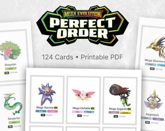 Afdrukbare tijdelijke Pokémon Perfect Order-kaarten | Checklist voor mappenlijst met Mega Evolution-kaarten