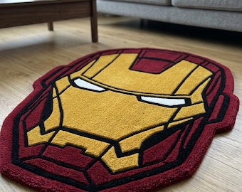 Superhero Helmet Shaped Tufted Rug | Comic Inspired Handmade Area Rug | Gamer Room Decor