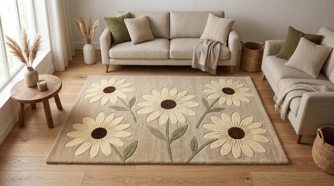 Handmade Daisy Floral Wool Rug - Beige Hand Tufted Area Rug for Nursery ...