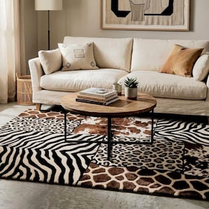 Hand Tufted Safari Patchwork Rug – Animal Print Wool Carpet, Zebra Leopard Giraffe Cowhide Design, Modern Statement Decor