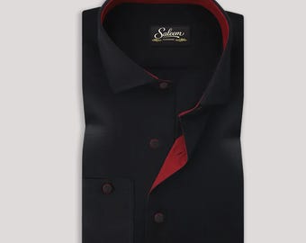 Saleem Clothing Schwarzes Baumwollhemd, Roter Kontrastkragen, Metallknöpfe