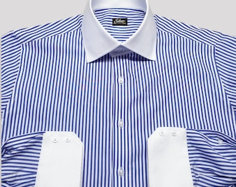 Blue Striped Dress Shirt Men Wide Spread Collar White Contrast Cuffs Formal Cotton Shirt