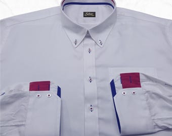 Mens White Oxford Dress Shirt 100% Giza Cotton | Contrast Blue and Red Trimming Inside Collar & 2-Button Angled Cuff | Button Down No Pocket