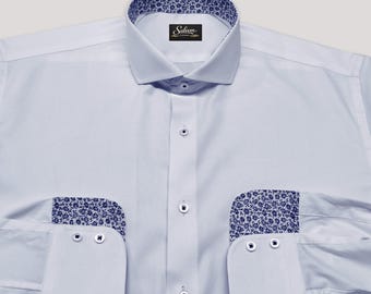 Camicia elegante da uomo bianca Royal Oxford in 100% cotone Giza con dettagli floreali a contrasto.