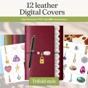 May include: Image of 12 leather digital covers with high-resolution PDF and 130+ decorations. The covers are in various colors, including pink, blue, and burgundy. A burgundy cover is in the foreground, with a pen and decorative charms. The text "Trifold style" is visible.