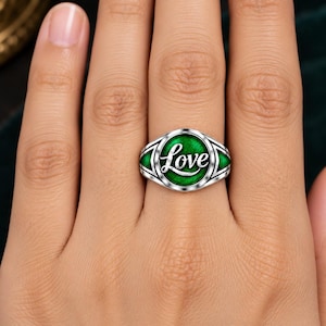 Green Love Script Ring, Silver Tone Brass Statement Jewelry, Vintage Style