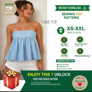 May include: A light blue denim tube top with a gathered, flared silhouette. The digital pattern listing includes text: INSTANT DOWNLOAD, SEWING PDF PATTERN, TUBE TOP, XS-XXL MULTI SIZE, A4 PDF, US LETTER PDF, A0 PDF, and PROJECTOR FILE.