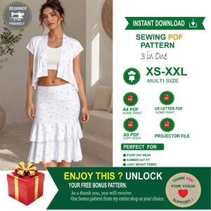 Double Ruffle Lounge Set Sewing Pattern | Crop Jacket & Tiered Skirt PDF Pattern XS-XXL