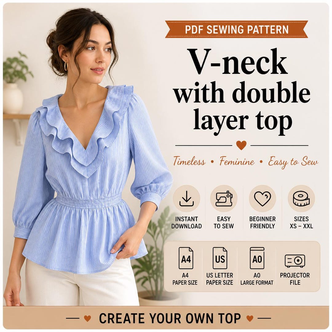 Peplum Blouse Sewing Pattern: V-neck Ruffle Puff Sleeve (digital ...