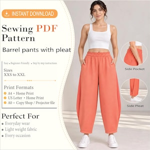 May include: A sewing PDF pattern for barrel pants with pleats, featuring sizes XXS to XXL. The design includes side pockets and side pleats, with print formats for A4, US Letter, and A0. The visual shows orange barrel pants with an elastic waistband.