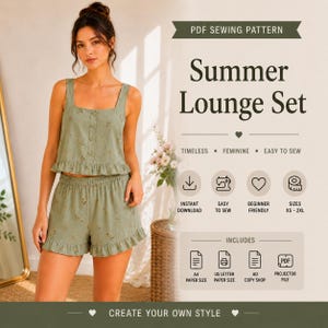 May include: A woman wearing a sage green summer lounge set. The set includes a button-up top and shorts with a floral pattern. The image also includes text that says "Summer Lounge Set" and "Create Your Own Style".