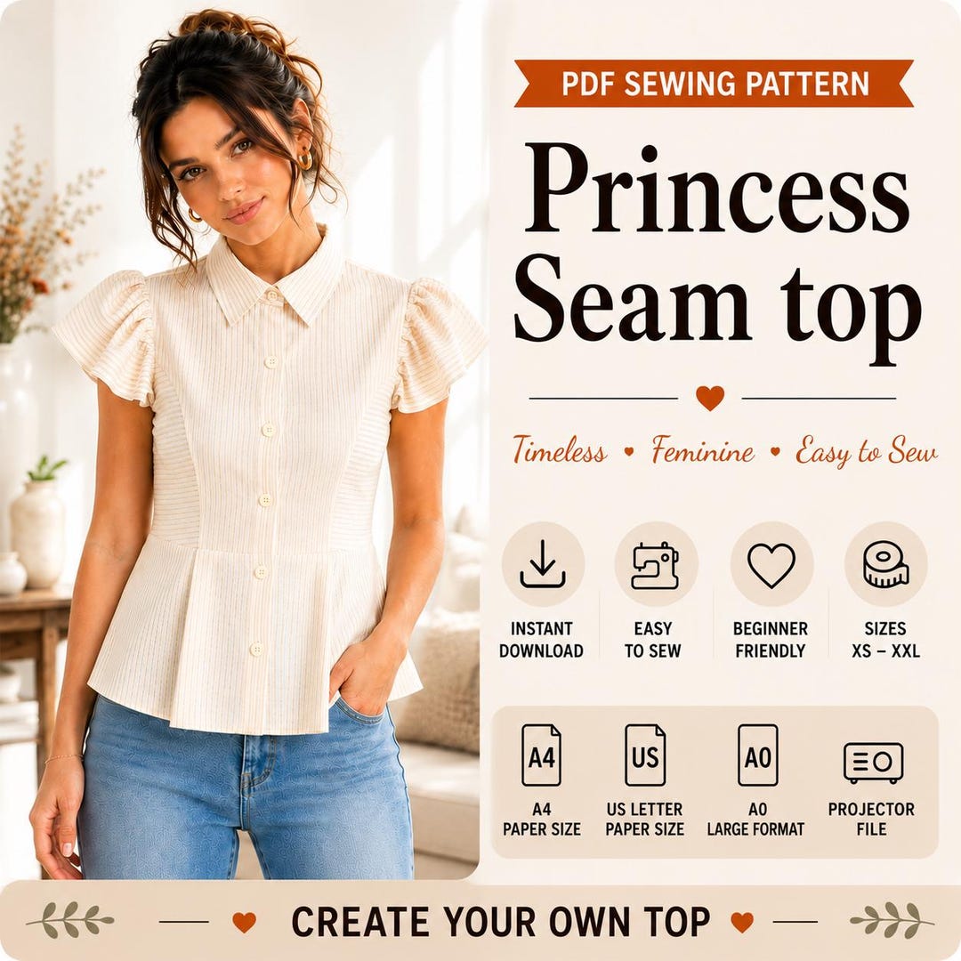 Princess Seam Top Sewing Pattern | Puff Sleeve Peplum Blouse (PDF ...