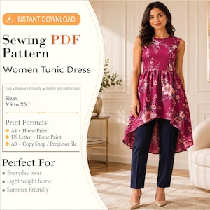Peut inclure: Un patron de couture PDF pour une robe tunique avec un ourlet asymétrique et un imprimé floral dans des tons magenta et rose. Le texte inclut Instant Download, Sewing PDF Pattern, Women Tunic Dress, Sizes XS to XXL et les formats d'impression.