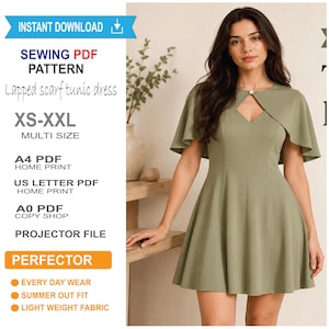 May include: A sewing PDF pattern for a lapped scarf tunic dress in sizes XS-XXL. The digital file includes A4, US letter, and A0 formats, plus a projector file. The image shows a sage green dress with a V-neckline and cape-style sleeves.