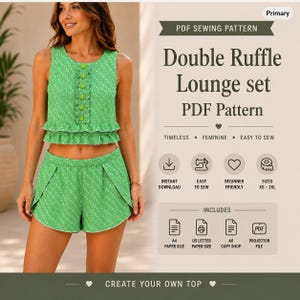 May include: A green lounge set with a white dotted pattern, featuring a sleeveless top with a front ruffle and button detail, and matching shorts. The text reads: PDF Sewing Pattern, Double Ruffle Lounge set, PDF Pattern, Instant Download, Easy to Sew, Beginner Friendly, Sizes XS-2XL, Includes A4, US Letter, A0, Projector File.