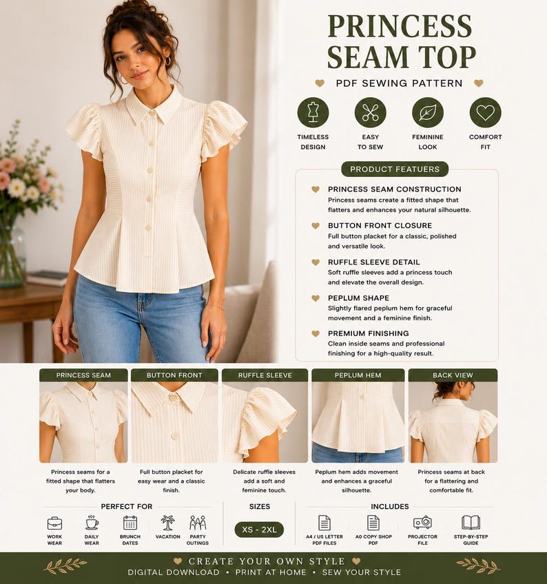 Princess Seam Top Sewing Pattern | Puff Sleeve Peplum Blouse (PDF ...