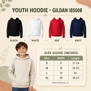 May include: A Gildan 18500B youth hoodie color chart featuring black, white, red, and navy options. A beige hoodie is shown below with a size guide table in inches for sizes S, M, L, and XL, detailing width and length measurements in inches.