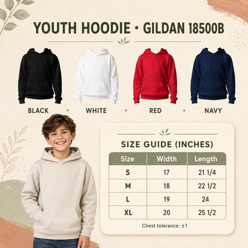 May include: A Gildan 18500B youth hoodie color chart featuring black, white, red, and navy options. A beige hoodie is shown below with a size guide table in inches for sizes S, M, L, and XL, detailing width and length measurements in inches.