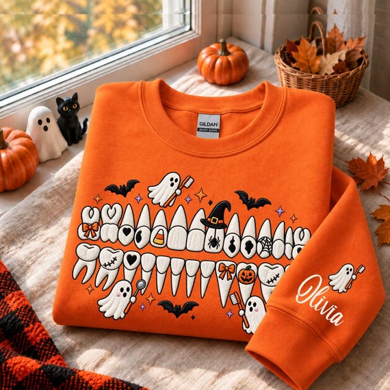 Custom Name Dental Sweatshirt, Faux Embroidery Dentist Crewneck, Spooky Halloween Tooth Shirt, Dental Hygienist Gift, Ghost Dentistry