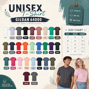 Op de afbeelding: Een Gildan 64000 unisex t-shirt kleurenkaart met diverse effen en gem&ecirc;leerde stofopties en een maattabel met breedtes en lengtes in inches. De afbeelding bevat tekstlabels voor elke kleur en een visuele gids voor het bepalen van de maat.
