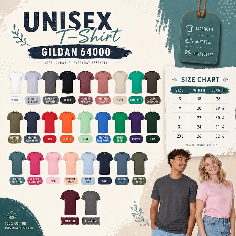 Op de afbeelding: Een Gildan 64000 unisex t-shirt kleurenkaart met diverse effen en gem&ecirc;leerde stofopties en een maattabel met breedtes en lengtes in inches. De afbeelding bevat tekstlabels voor elke kleur en een visuele gids voor het bepalen van de maat.