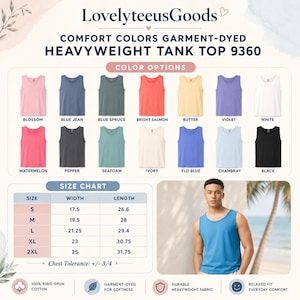 May include: A Comfort Colors 9360 heavyweight tank top color chart featuring 14 color options including Blossom, Blue Jean, Blue Spruce, Bright Salmon, Butter, Violet, White, Watermelon, Pepper, Seafoam, Ivory, Flo Blue, Chambray, and Black.