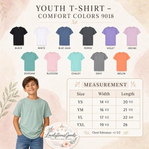 May include: A youth t-shirt in seafoam green is modeled in the image. The image displays a variety of t-shirt colors, including black, white, blue jean, pepper, violet, orchid, blossom, chalky, gray, and melon. Measurement details are also provided.