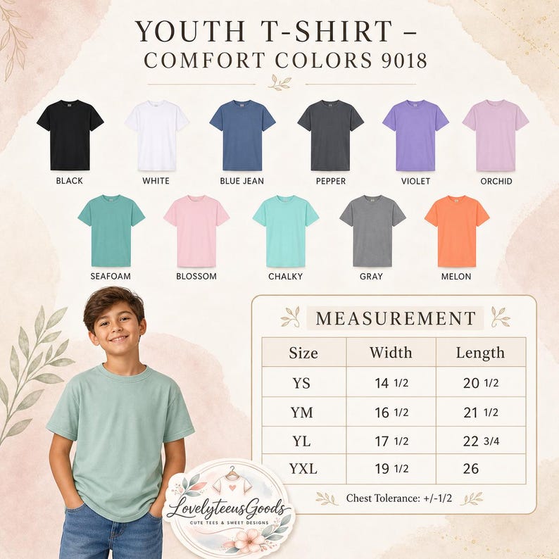 May include: A youth t-shirt in seafoam green is modeled in the image. The image displays a variety of t-shirt colors, including black, white, blue jean, pepper, violet, orchid, blossom, chalky, gray, and melon. Measurement details are also provided.