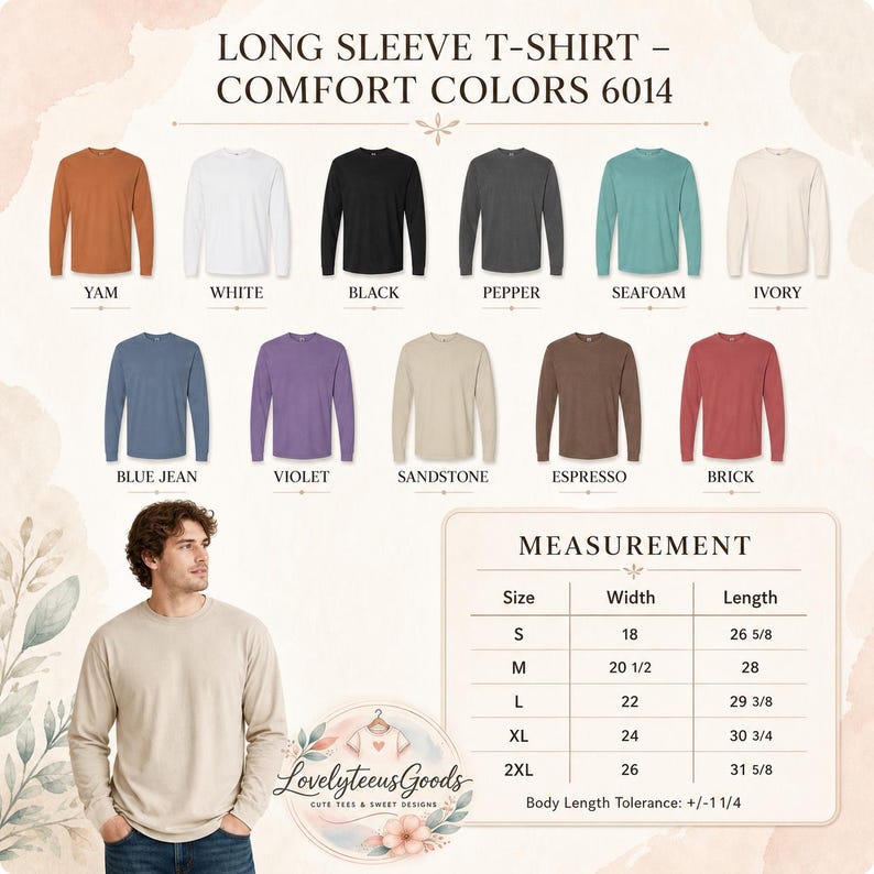 May include: A variety of long-sleeve t-shirts in various colors, including white, black, and blue jean. The image also includes a measurement chart with sizes ranging from S to 2XL, with widths from 18 to 26 inches and lengths from 26 5/8 to 31 5/8 inches.