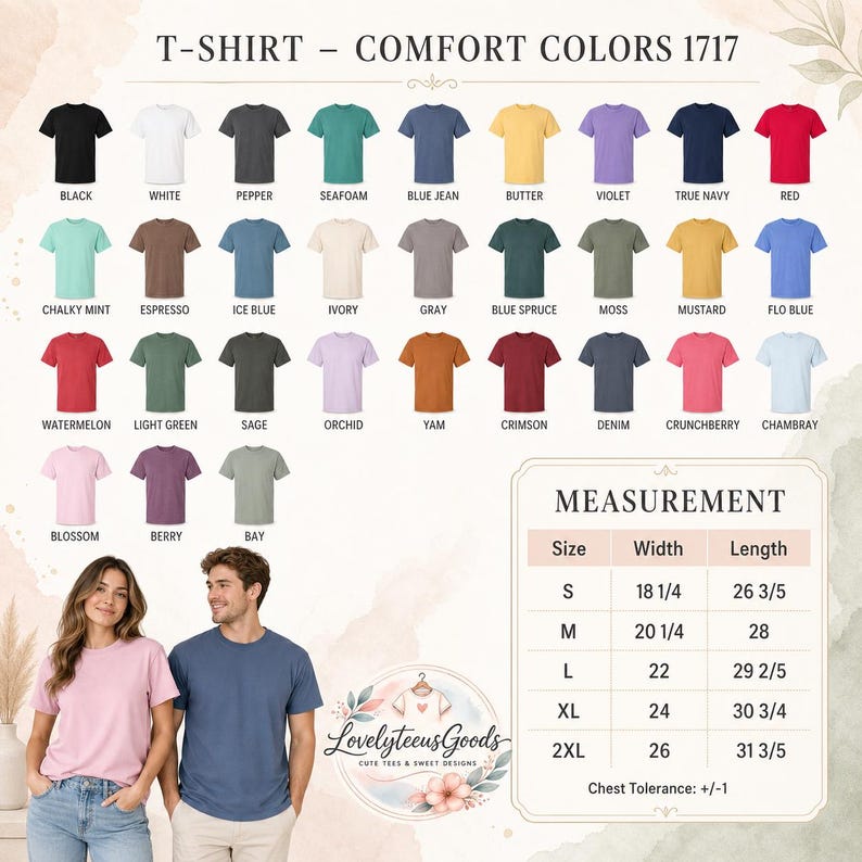 May include: A variety of Comfort Colors 1717 t-shirts in various colors, including black, white, and red. The image also displays a size chart with measurements in inches for sizes S through 2XL. A man and woman model the shirts.